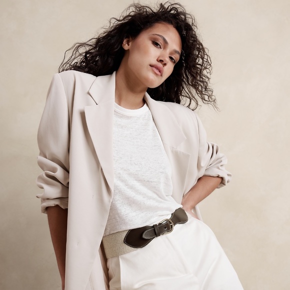 New! Banana Republic 100% Leather Trim and Linen Belt, Brown + Beige, Size Large - Picture 2 of 3